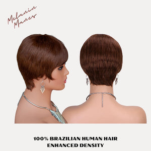 Layered Pixie Cut Short Wig With Bangs Tapered Style 100% Brazilian Human Hair Black with Auburn Highlights Ombre