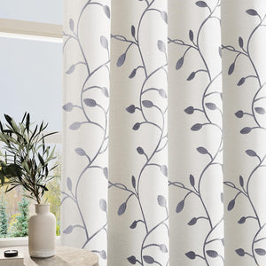 Grey Leaf Pattern Grommet Curtains 84 inch Length for Bedroom Grayish White Cotton Linen, 2 Panels