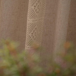 Beige Curtains Crochet Lace Patchwork Drapes Curtains 63 Inch Length 2 Panels Tassel Rod Pocket