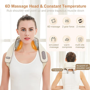 Neck Massager with Heat, 6D Kneading Shiatsu Back Neck Massage, Cordless Headrest, Beige