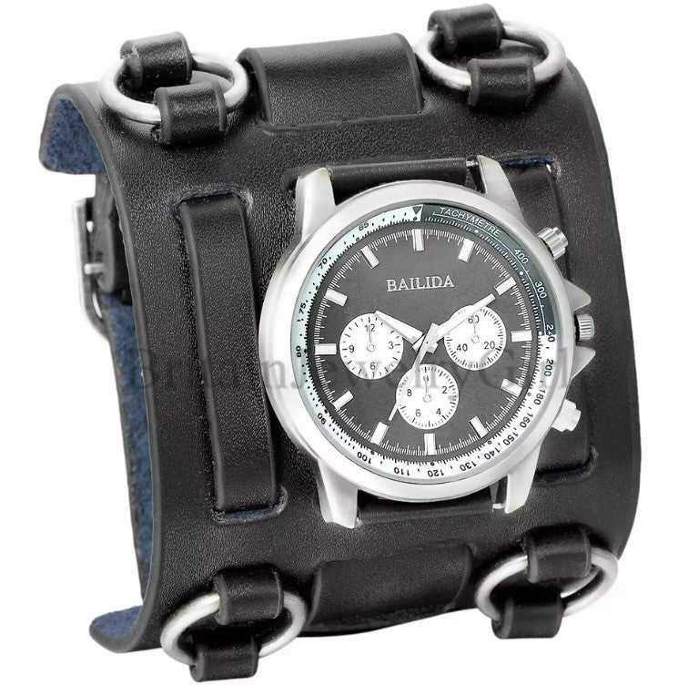 Silver Men's Punk Style Black Wide Leather Watch Three Leather Straps Cuff Wristwatch