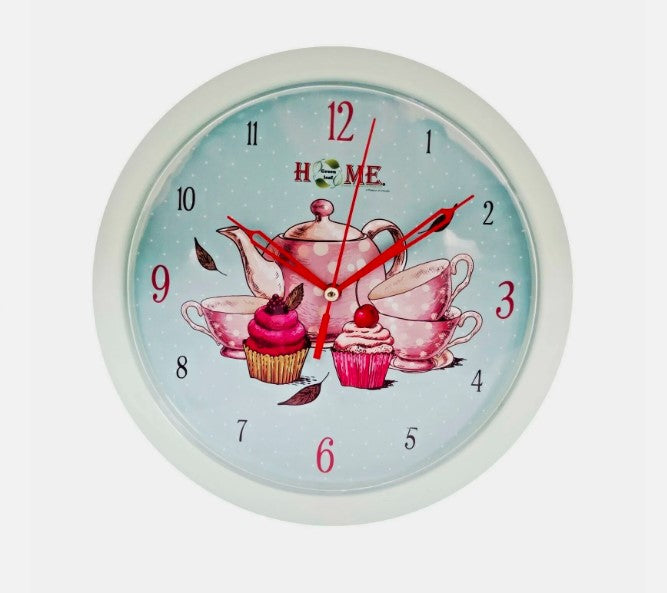 9.6" Kitchen Wall Clock With Tea & Cupcakes Design, Turquoise