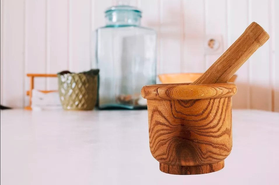 Wooden Bamboo Mortar And Pestle For Kitchen, Natural Wood, 4 x 4.5 Inches