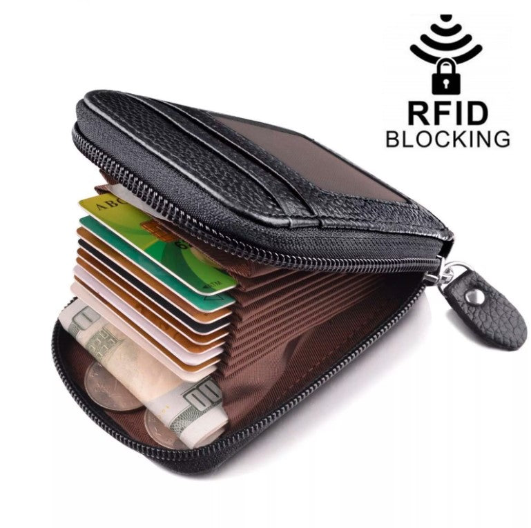 Men Leather Credit Card Holder RFID-Blocking Zipper Pocket Wallet with ID Window