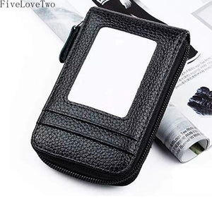 Men Leather Credit Card Holder RFID-Blocking Zipper Pocket Wallet with ID Window