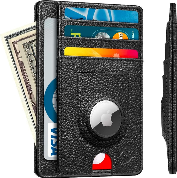 Mens RFID Blocking Leather Slim Wallet Money Credit Card Slots w AirTag Holder, Black