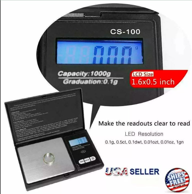 Digital Scale 1000g x 0.1g Jewelry Pocket Gram Gold Silver Coin Precise
