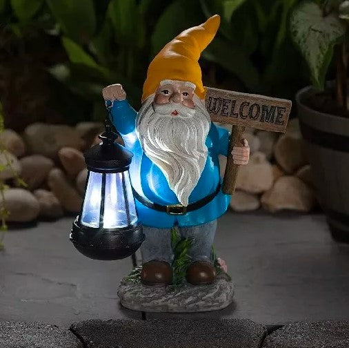 Home Welcome Gnome with Lantern Solar Powered LED Outdoor Decor Garden Light