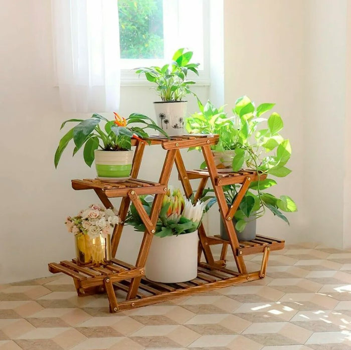 Wood Plant Stand Indoor Outdoor Carbonized Triangle 6 Tiered Corner Plant Rack