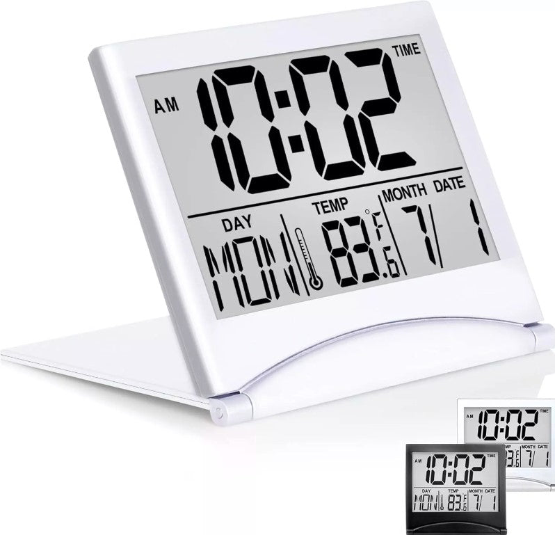 Digital Travel Alarm Clock - Foldable LCD Clock Compact Desk Clock Silver