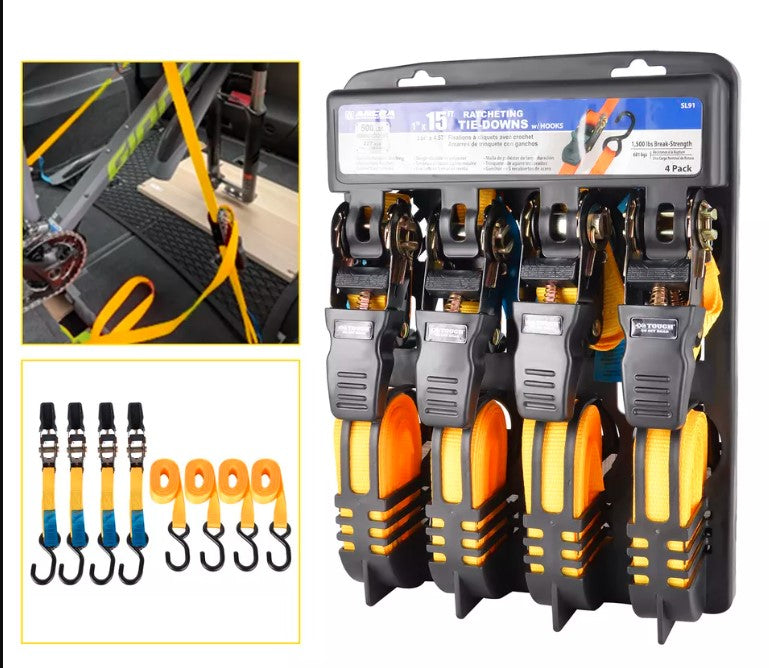 4-Pack Retractable Ratchet Strap Tie Down Straps w/ S-Hooks 5M Length Portable