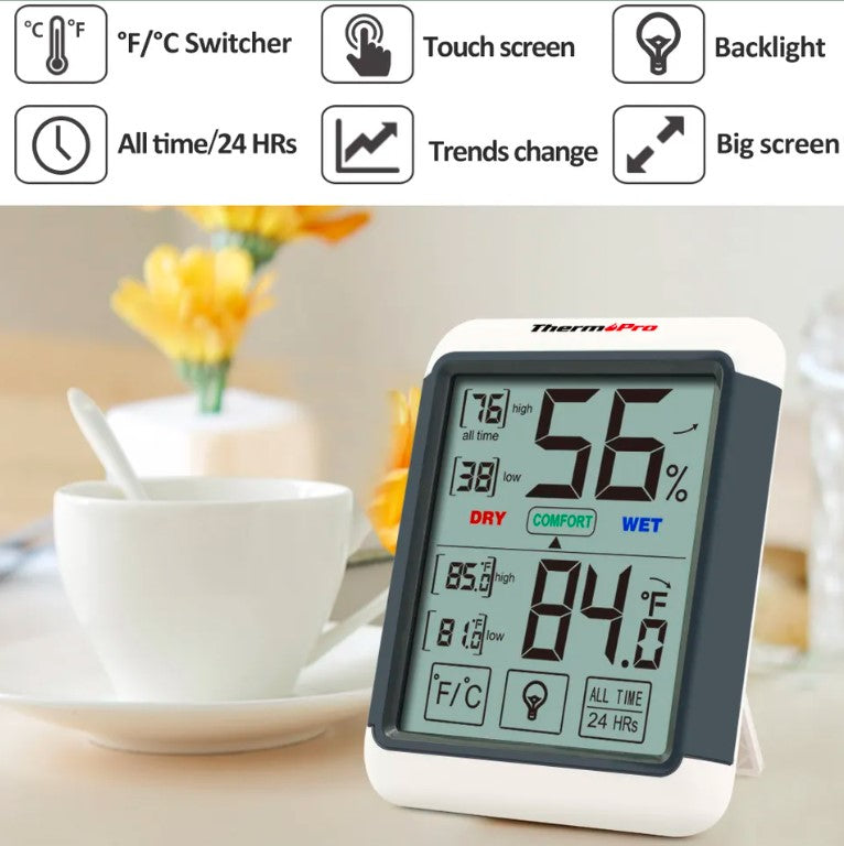 Indoor Digital Touchscreen Humidity Thermometer Temperature Hygrometer Monitor