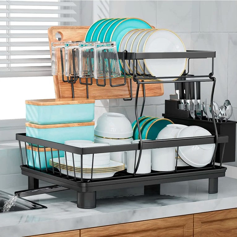 2-Tier Drying Dish Rack and Drain Board Set Utensil Holder Metal Kitchen Counter