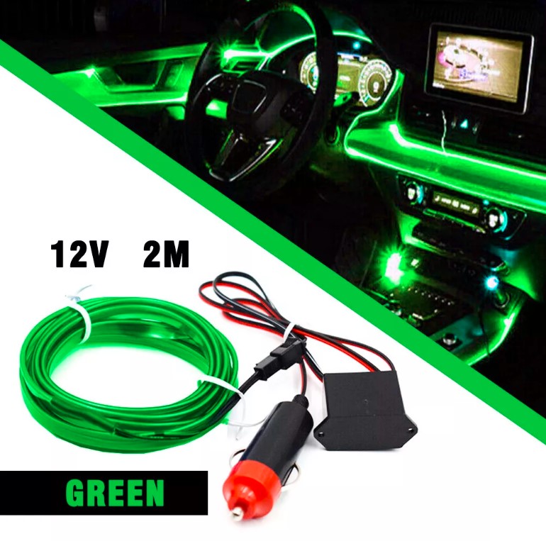2m LED Interior Car Atmosphere Decorative Strip Wire Lamp Light DC12V Cold Green