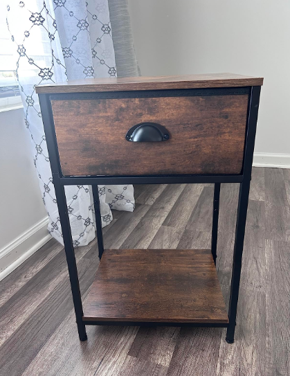 End Table with Storage Shelf and Fabric Drawer, 2 Tiers Industrial Nightstand, Bedside Table Organizer, 23.6 Inch, Rustic Brown