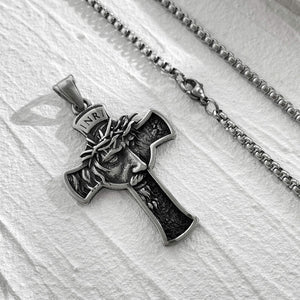 Mens Stainless Steel Jesus Christ Face Crucifix Cross Gothic Pendant Necklace