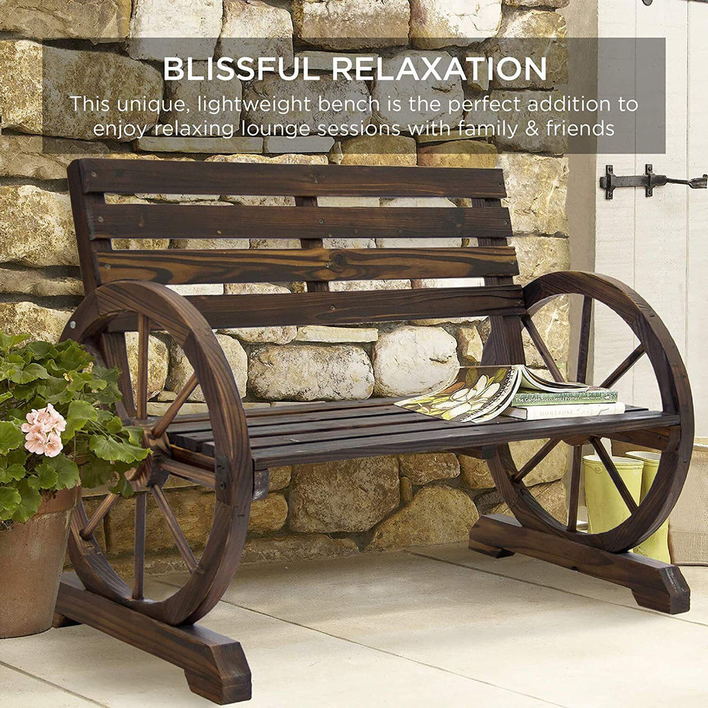 2 Person Rustic Wagon Wheel Bench Garden Loveseat Porch Patio Outdoor Seat Wood