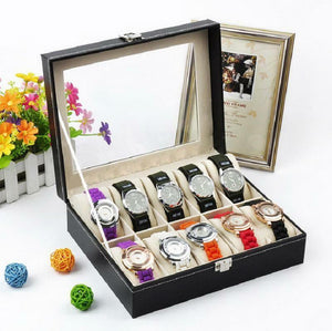 Portable 10 Slot Watch Box Leather Display Case Organizer Glass Jewelry Storage