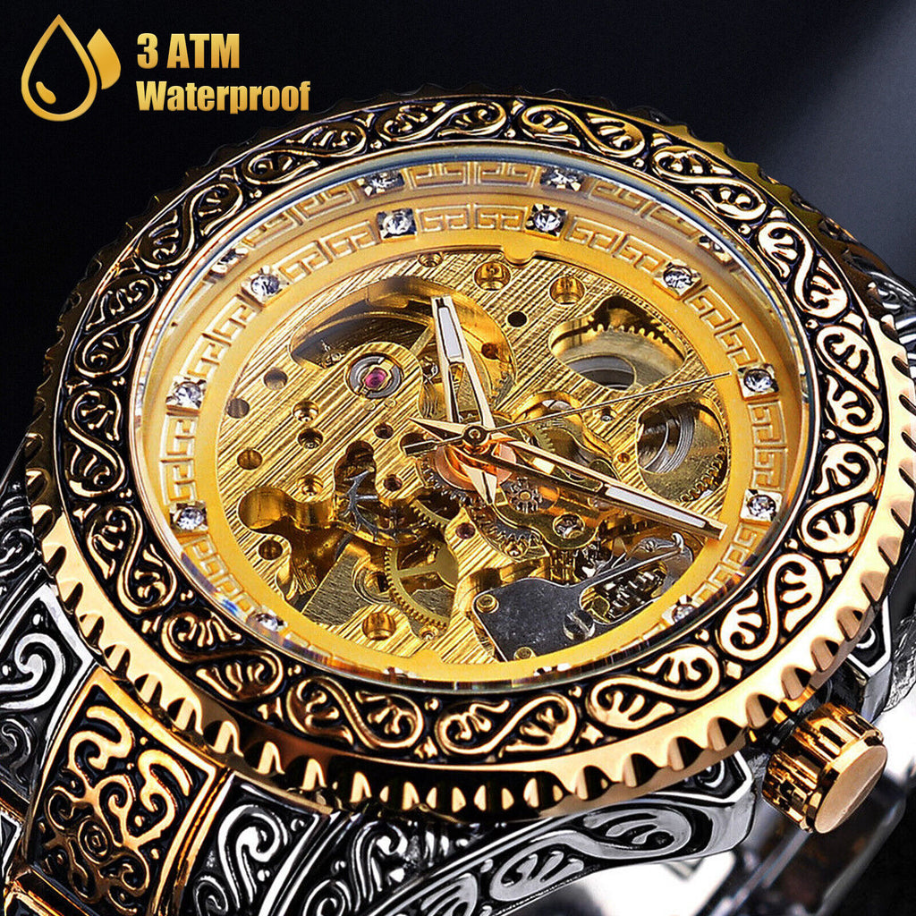 Luxury Men's Stainless Steel Automatic Mechanical Wrist Watch Gold Tone Skeleton