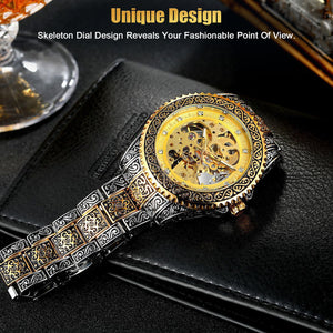 Luxury Men's Stainless Steel Automatic Mechanical Wrist Watch Gold Tone Skeleton