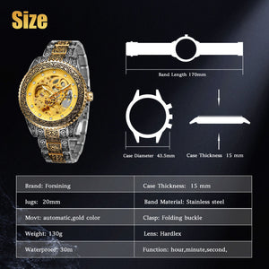 Luxury Men's Stainless Steel Automatic Mechanical Wrist Watch Gold Tone Skeleton