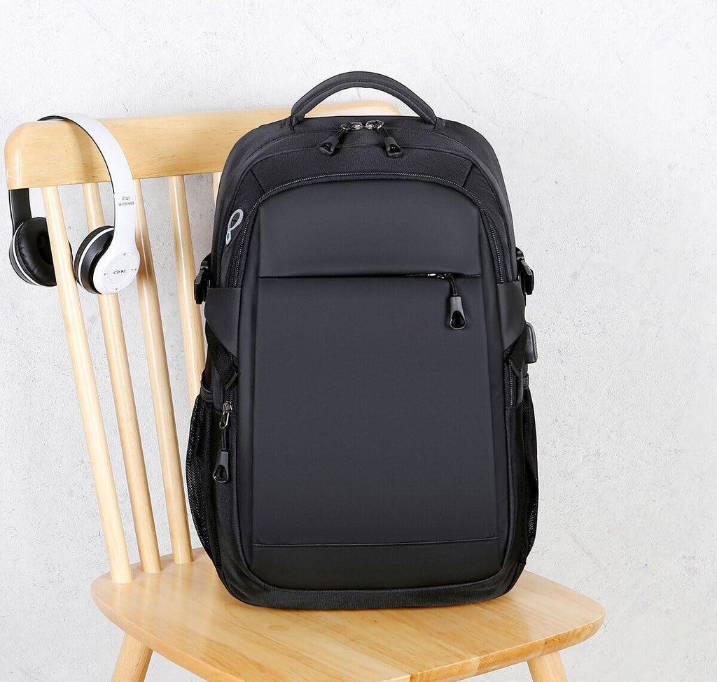 Black Laptop Nylon Backpack Sports Travel Fashion BookBag With USB Charging Port