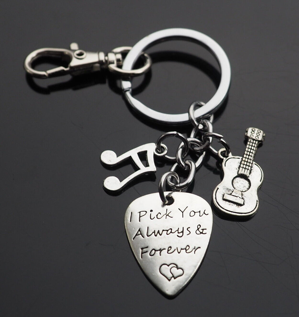 Guitar Pick Keychain with Clip "I Pick You Always & Forever" Heart Musician Gift