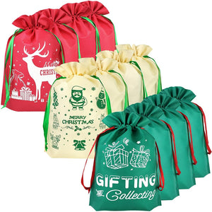 12 Pcs Santa Sacks Assorted Christmas Bag with Draw Strings Non Woven 12 Designs