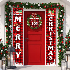 Merry Christmas Banner Christmas Porch Sign Decorations Outdoor, Red Plaid Porch
