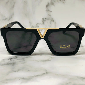 Sunglasses Men Designer Fashion Gold Metal Bar Dark Black Lens Retro Classic