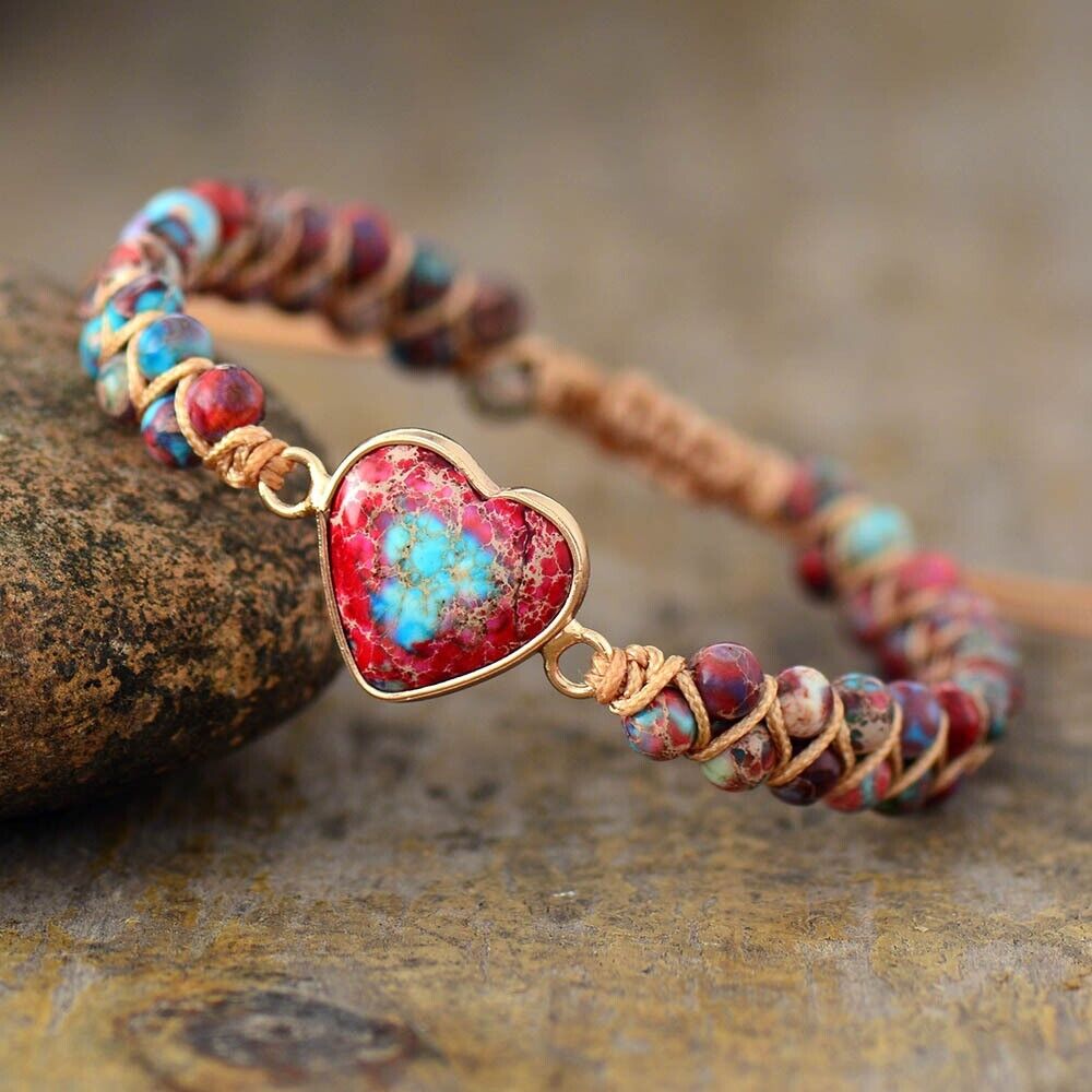 Handmade Braided Women Bracelet Heart Charm Sea Sediment Healing Bracelets Gift