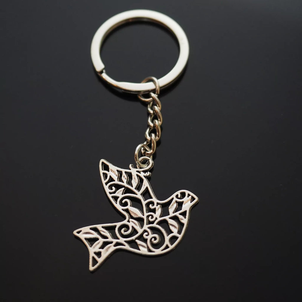 Peace Dove Hollow Design Silver Pendant Keychain Key Chain Love Family Gift
