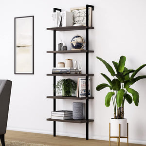 5-Tier Shelf Wood Ladder Bookcase w/ Metal Frame Industrial Modern Open-Shelving