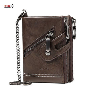 Men’s Leather Bifold Credit Card Holder Chain Wallet w/ Zip Coin Pockets Purse