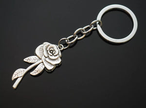 Beautiful Rose Flower Petal Stem Silver Charm Pendant Keychain Key Chain Gift