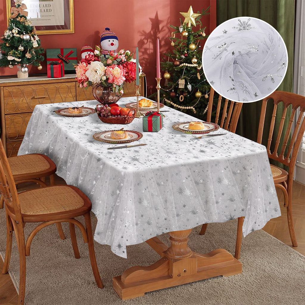 Rectangular Tablecloth 60'' by 120'' with Silver Stars and Snowflakes Christmas