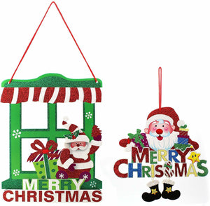 Merry Christmas Glitter Door Hanger Christmas Tree Ornament Signs Pattern B, 2pcs