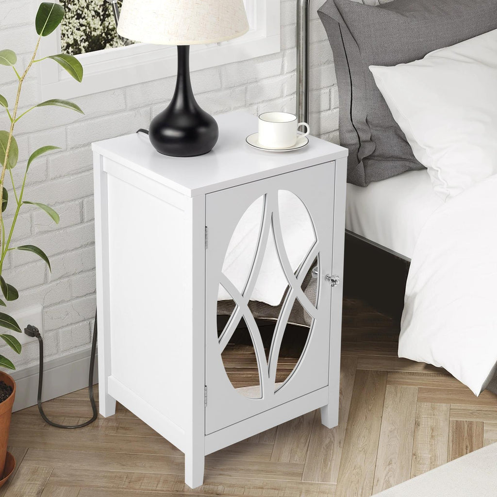 Mirrored Nightstand with Door Cabinet Home Office Bedroom Bedside Table 2 Shelve