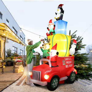 12ft Christmas Inflatables Outdoor Decorations Santa Claus Drives a Gift Car