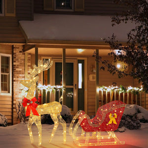 Lighted Christmas Reindeer and Sleigh Outdoor Reindeer Sleigh Yard Decorations