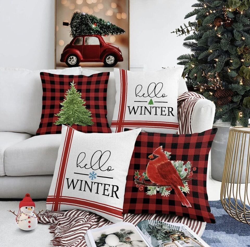 Set of 4 Christmas Holiday Throw Pillow Covers Decor 17"x17"