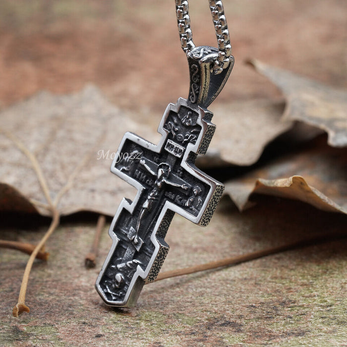 Mens Russian Orthodox Crucifix Cross Pendant Necklace Stainless Steel Men Gift