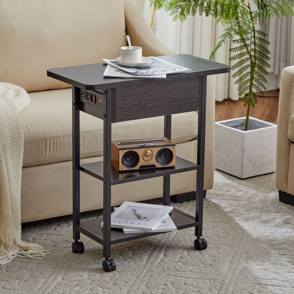 Side End Table with Storage Shelf Sofa Table w/ Hiding Storage& Charging Station