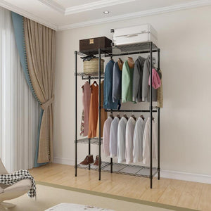 Double Rods Wardrobe Clothing Shelf Metal Garment Rack Closet Organizer Black