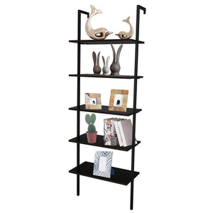 5-Tier Shelf Wood Ladder Bookcase w/ Metal Frame Industrial Modern Open-Shelving