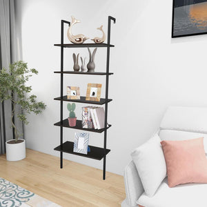 5-Tier Shelf Wood Ladder Bookcase w/ Metal Frame Industrial Modern Open-Shelving