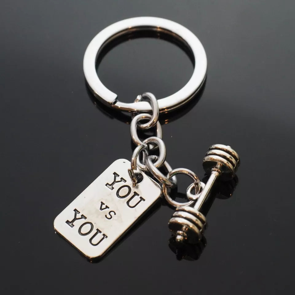 Dumbbell "You vs. You" Weight Lifting Gym Silver Pendant Keychain Key Chain Gift