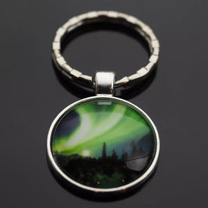 Green Sky Aurora Forest Trees Mountains Northern Lights Glass Glow Keychain Gift