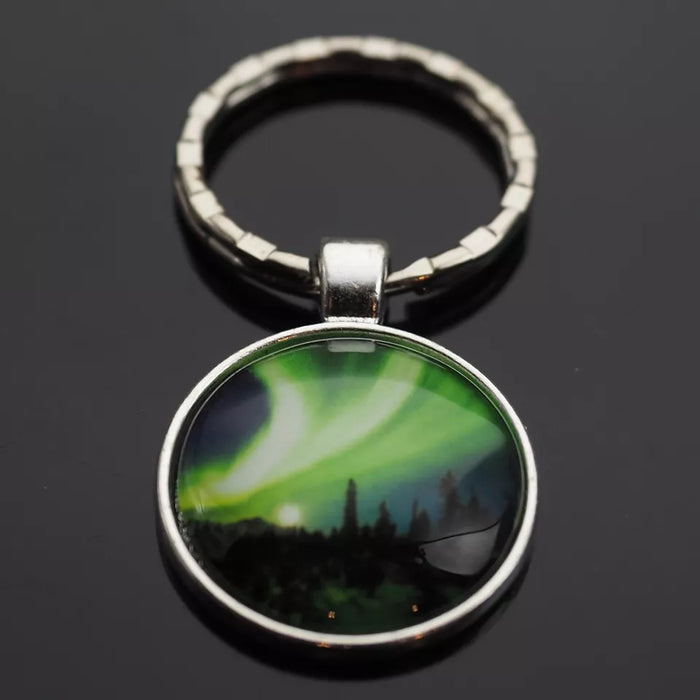 Green Sky Aurora Forest Trees Mountains Northern Lights Glass Glow Keychain Gift