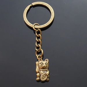 Lucky Cat Good Luck Japanese Chinese Bronze Maneki-neko Keychain Gift Key Chain
